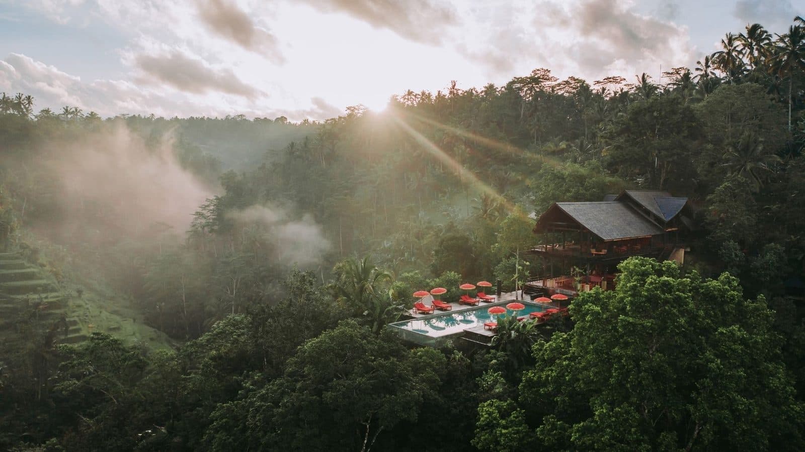 Buahan at sunrise: the main house and pool with red umbrellas on the valley slope, with mist and sunbeams above the forest
