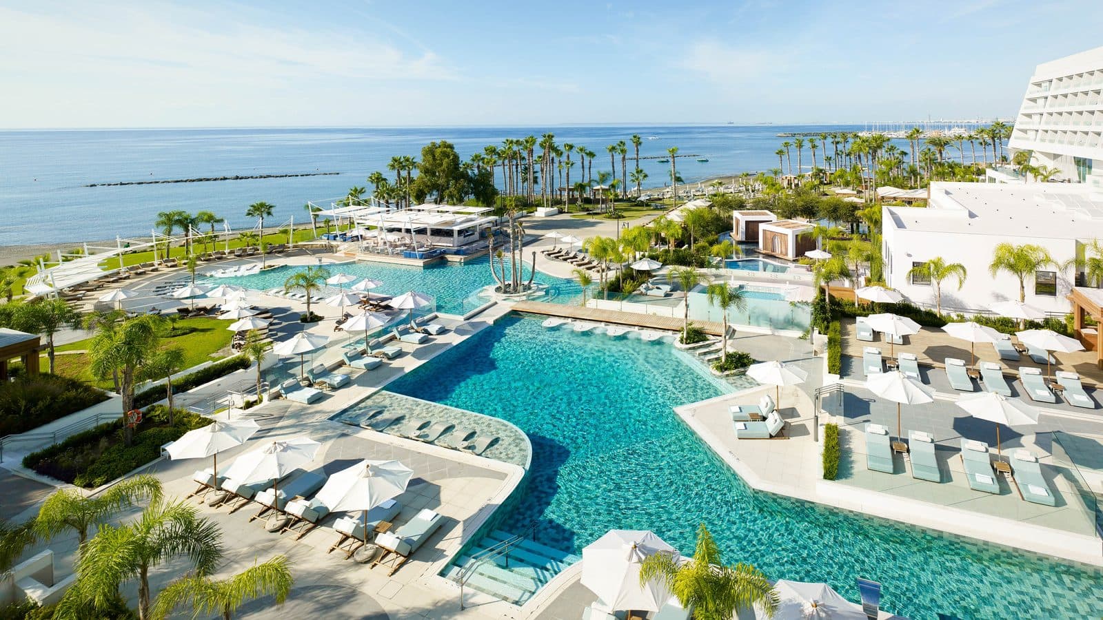 Aerial view of Parklane Limassol and seaside pools