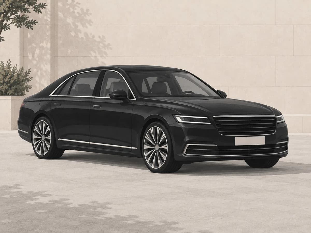 A black long-wheelbase flagship sedan against a pale background