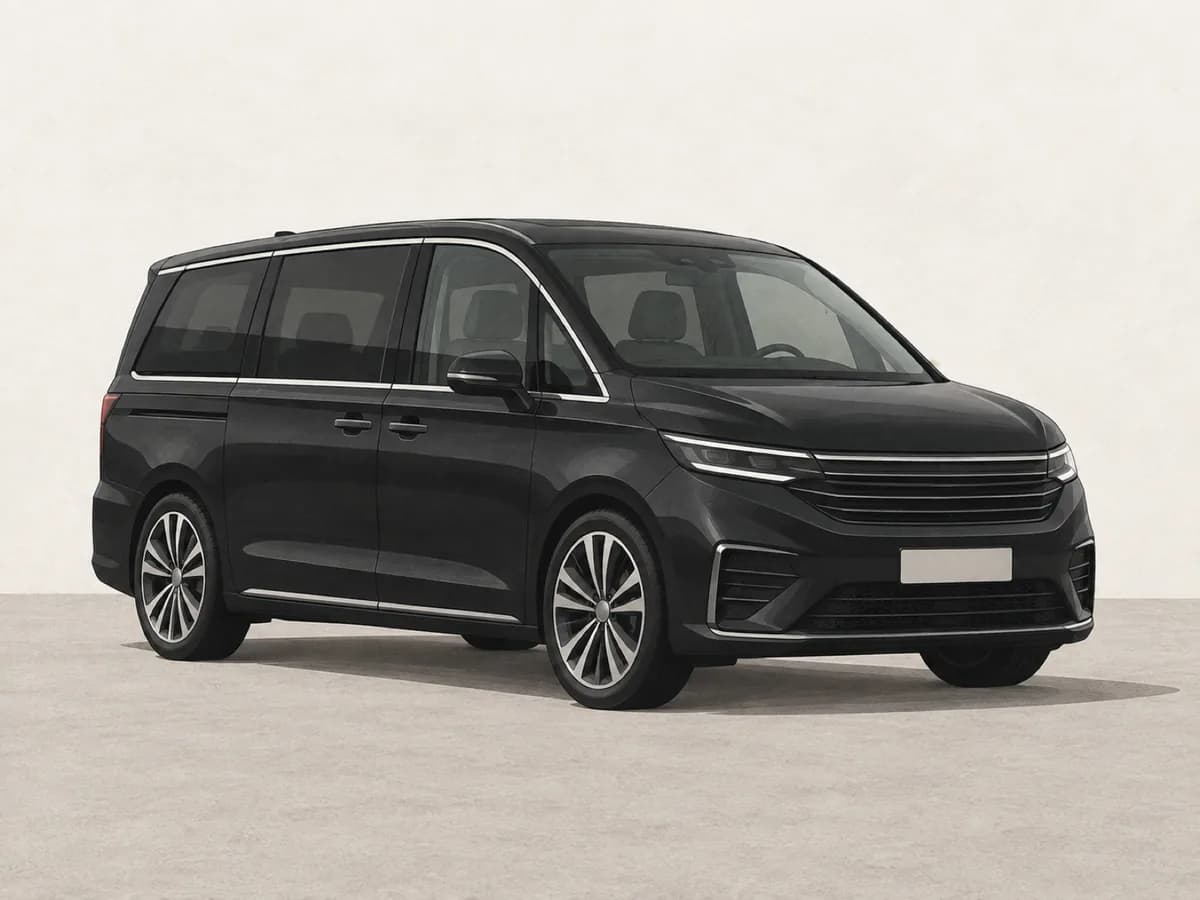 A black executive minivan against a pale background
