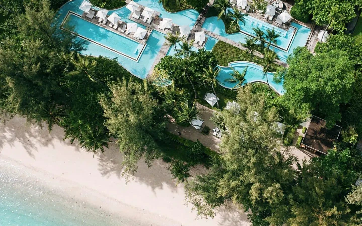 Aerial view of a free-form pool with white umbrellas and loungers among trees, and a white beach beside turquoise water